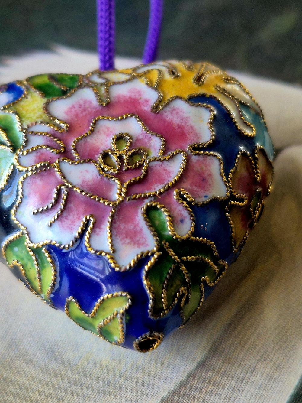 Floral Cloisonné Heart Pendant Necklace - Purple, Blue & Green - Picture 5 of 10
